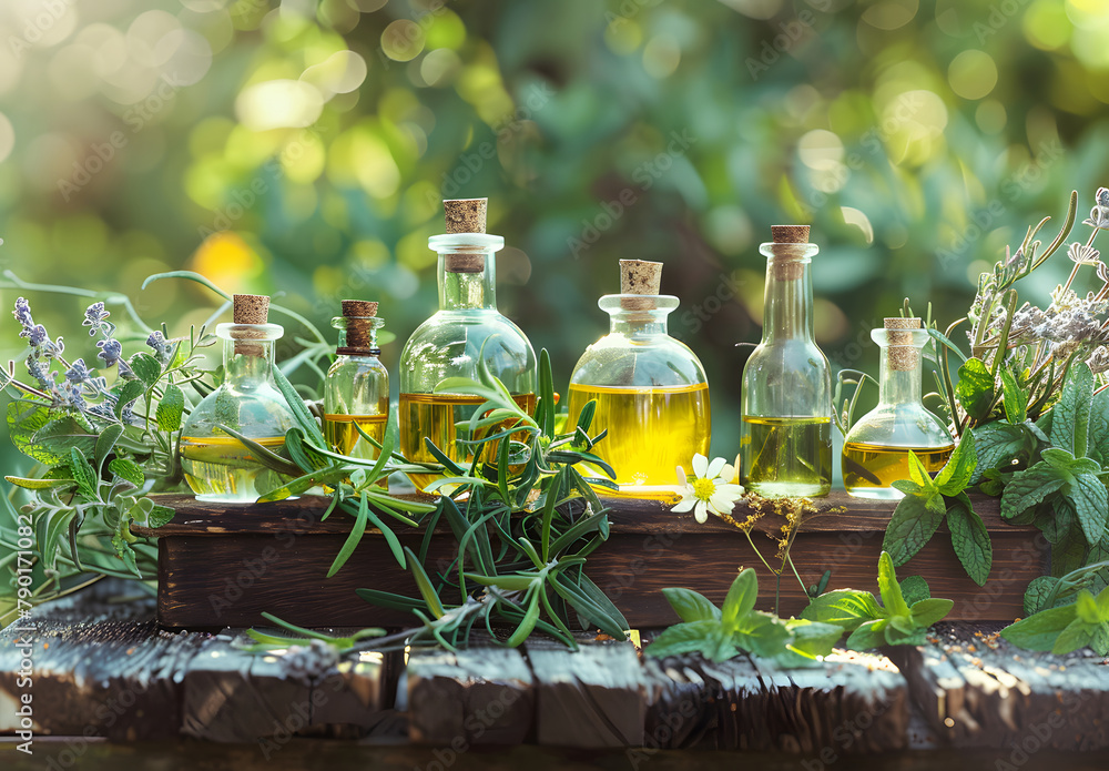 Assorted essential oils with herbs in a tranquil garden setting Assorted essential oils with herbs in a tranquil garden setting