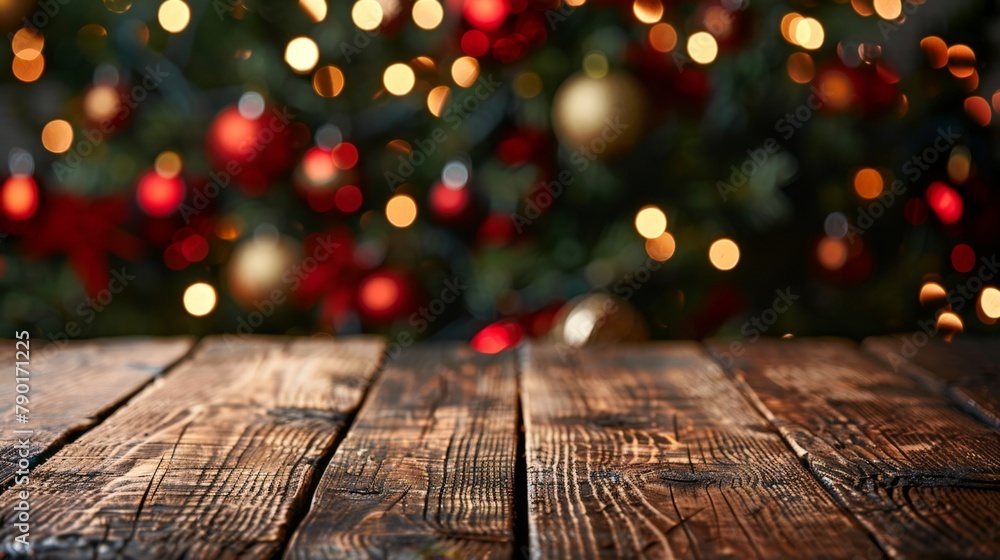Close-up of wooden table with background Christmas lights Close-up of wooden table with background Christmas lights