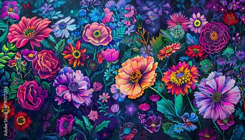 Capture the mesmerizing beauty of a vibrant garden from a worms-eye view perspective, using vivid acrylic colors to emphasize the tears of joy cascading from delicate flowers in a surreal and magical