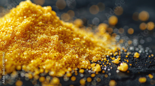 Close-up of granulated brown sugar crystals scattered on a dark surface, glistening with a golden hue.
