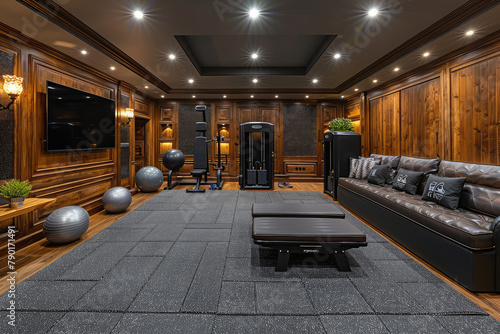A photo of the basement gym area with grey walls, white ceiling and beige carpeting. Created with Ai