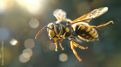 A photorealistic image of a wasp in mid-flight, its stinger extended and its transparent wings a blur of motion. photo