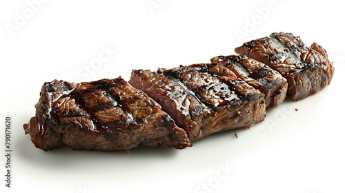 Freshly cooked fragrant steak on a white background.