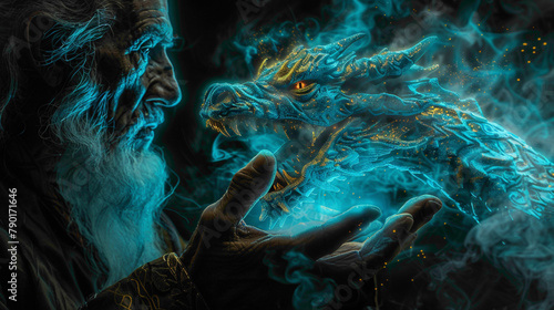  Mystical blue dragon of smoke and fog. symbol of the new year. Mystical dragon closeup view.