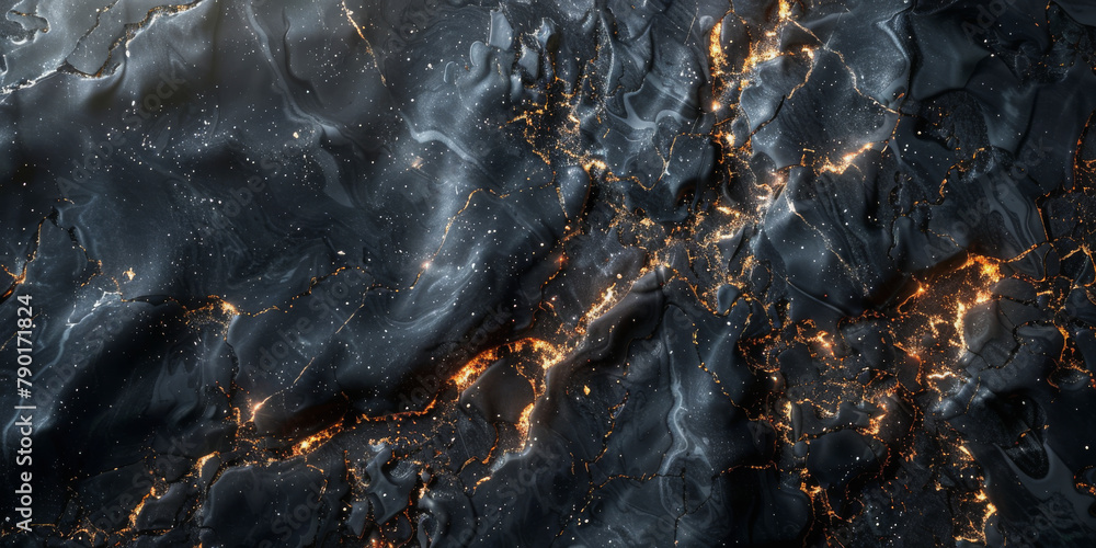 Abstract textured background with dark surfaces and gold veins, resembling black marble with natural golden patterns.