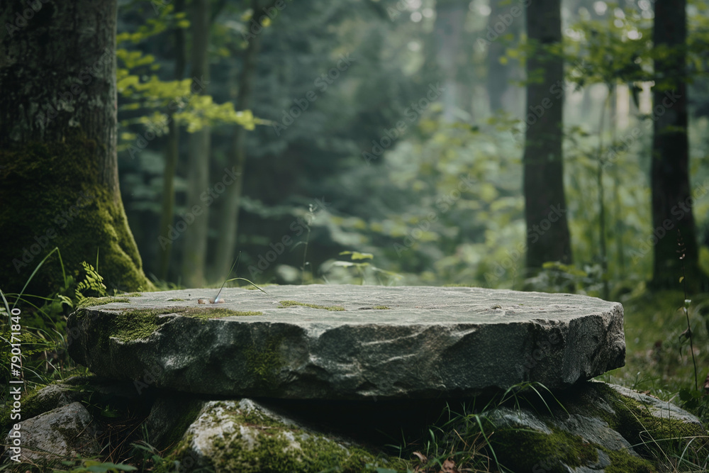 Flat stone podium in the magical forest , empty round stand background Flat stone podium in the magical forest , empty round stand background