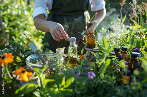 Creating herbal potions in a lush garden
