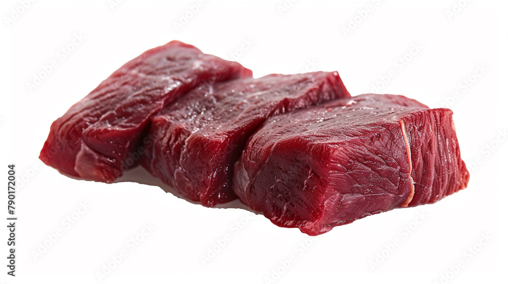 Unseared sirloin steak. Raw sliced pieces of meat on a light background.