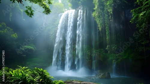 Waterfall is flowing in jungle. Waterfall in green forest. Mountain waterfall. Cascading stream in lush forest. Nature background. Rock or stone at waterfall. Water sustainability. Water conservation. © Ziyan
