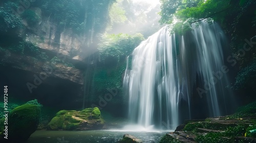 Waterfall is flowing in jungle. Waterfall in green forest. Mountain waterfall. Cascading stream in lush forest. Nature background. Rock or stone at waterfall. Water sustainability. Water conservation.