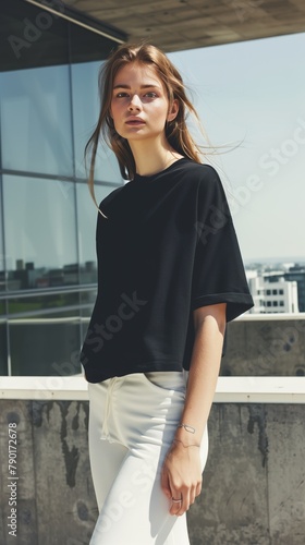 modern chic young woman in casual black t-shirt with city reflection poised against clear sky backdrop