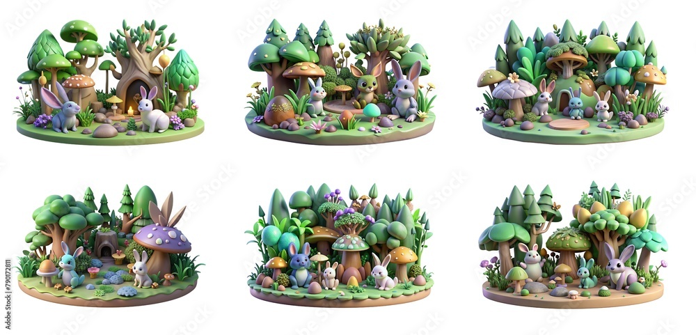 icon 3D of a Magical forest, various animals and plants little rabbits Game Asset