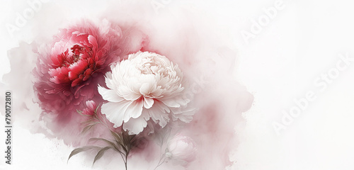 Tło kwiaty, czerwona i biała peonia. Jasne puste miejsce na tekst, zaproszenie. Ilustracja motyw kwiatowy