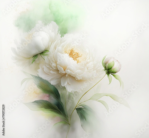 Peonie, białe kwiaty akwarela. Ilustracja, wiosenna kwiatowa dekoracja, obraz na ściane. Motyw kwiatowy na białym tle