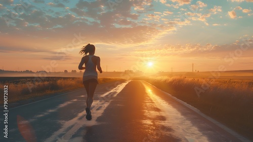 Athlete woman runner training run on the road. Morning jogging for a healthy lifestyle under the sunrise sky. Cardio exercise. Fit girl training for a marathon. Active lifestyle.