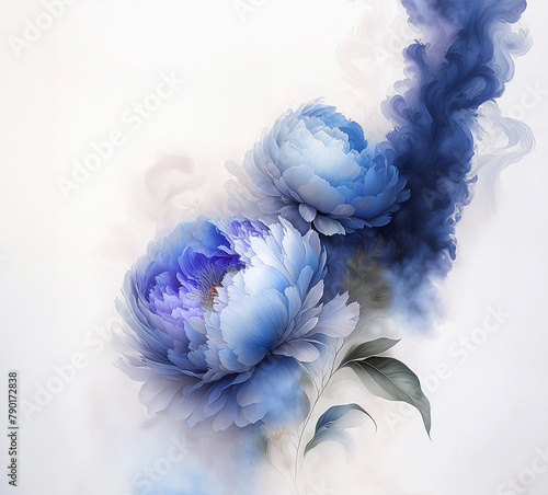 Peonie, niebieskie kwiaty akwarela na białym tle. Ilustracja, wiosenna kwiatowa dekoracja, obraz na ściane. Motyw kwiatowy