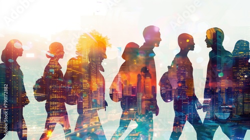 Big city diversity and inclusivity concept silhouettes of people against urban multi storey megapolis city lights and buildings background photo