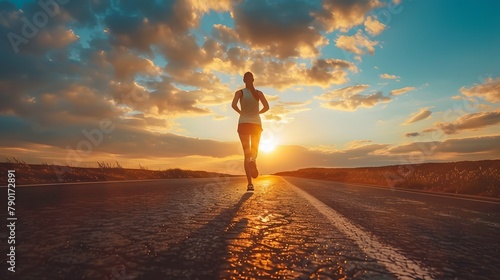 Athlete woman runner training run on the road. Morning jogging for a healthy lifestyle under the sunrise sky. Cardio exercise. Fit girl training for a marathon. Active lifestyle. photo