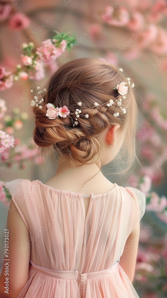 Little girl pink dress braided hair in meadow flower, back view Little girl pink dress braided hair in meadow flower, back view