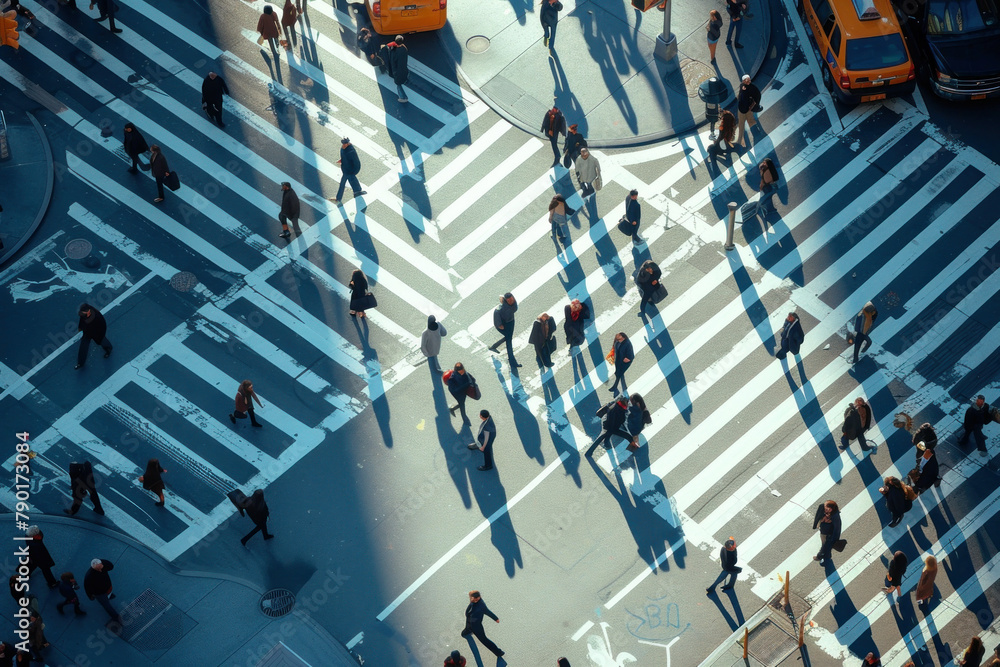 Busy Pedestrian Crossing in the Streets of New York City During Rush Hour Aerial View - obrazy, fototapety, plakaty 