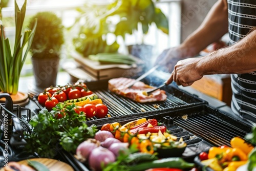Casual Backyard BBQ: Sizzling Steaks, Smoked Burgers, and Charbroiled Vegetables at a Festive Culinary Celebration photo