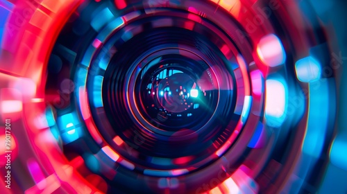 Colorfully stylized video camera lens close up. 