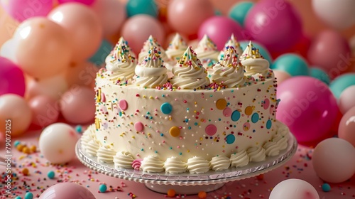 A white cake with colorful sprinkles on top and a pink background