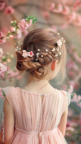 Little girl pink dress braided hair in meadow flower, back view