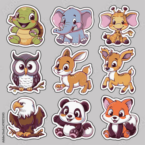 Cute brave ethnic Indians animals with feathers sticker collection on Dark Background 