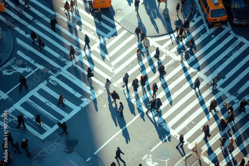 Busy Pedestrian Crossing in the Streets of New York City During Rush Hour Aerial View