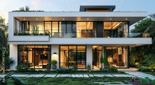  Modern two-story villa, front view of the building with glass windows and white walls. In a tropical garden environment. Created with Ai