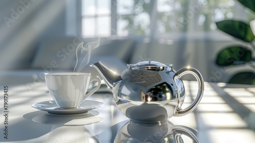 A sleek, silver teapot with a steaming cup on a clean white tabletop.