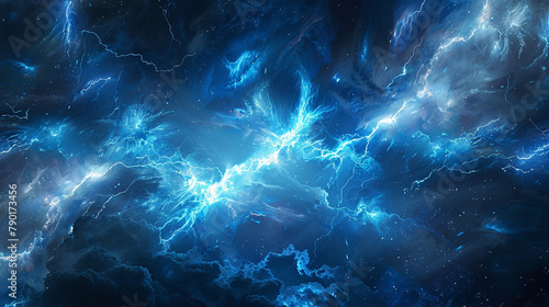 In the cosmic silence, a solitary stream of electric blue mist meanders, its ethereal shape mirroring the ferocious crackle of a lightning bolt, captivating all who behold its magnificence.