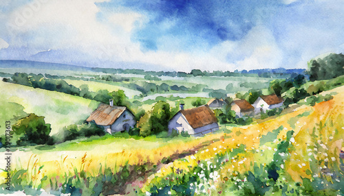 watercolor countryside landscape background green fields houses village backdrop