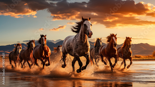 Graceful Gallop: Majestic Horses Racing Across the Ripples