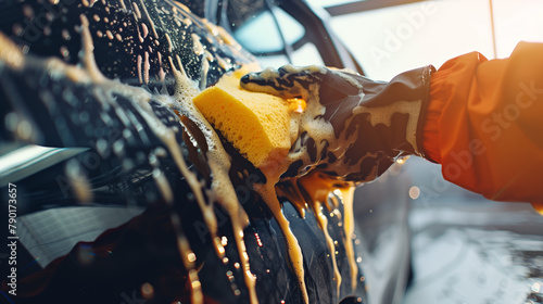 copy space, stockphoto, close up hands cleaning car with sponge and soap. Reducing water consumation. Sustainability concept. Environmental awareness, reducing water spill. Sustainability mockup. photo