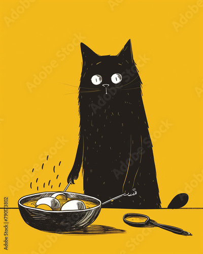2d cat frying eggs. Flat doodle. Learning to cook. Vertical illustration. Black and yellow