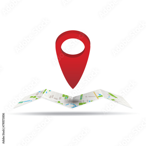 Red pin decorative with a mark on map. Location folded paper map isolated on white background.