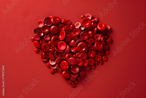 A heart created from various blood type symbols, isolated on a life-giving crimson background, for World Blood Donor Day