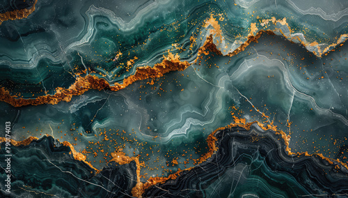 Abstract green and gold marble texture with fluid shapes, detailed in the style of nature. Created with Ai