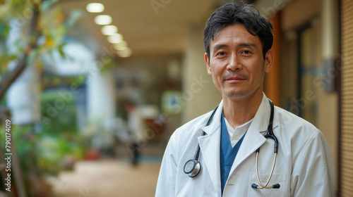 Chinese or Japanese doctor with stethoscope - medicine and healthcare concept. Portrait of an Asian doctor photo