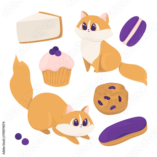 A set of two ginger cats and some virgin cakes in orange and purple tones on a white background. A cute set with red kittens and sweets. A confectionery with cats