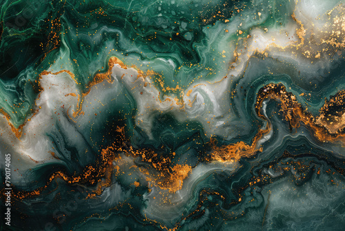  abstract emerald green and gold marble texture with fluid shapes in the style of fluid shapes. Created with Ai