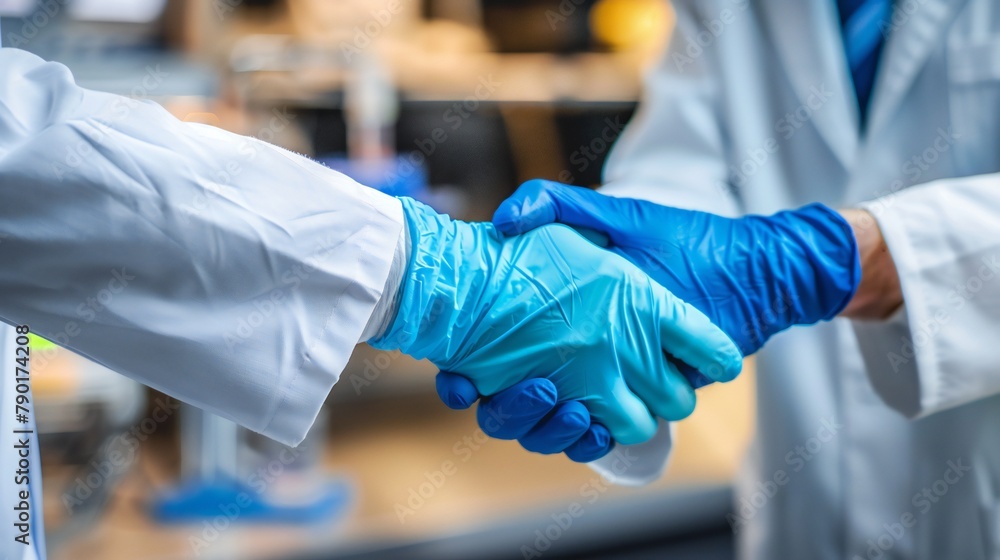 Close-up of gloved hands clasping in a handshake, illustrating the unity of scientific endeavors. Close-up of gloved hands clasping in a handshake, illustrating the unity of scientific endeavors.