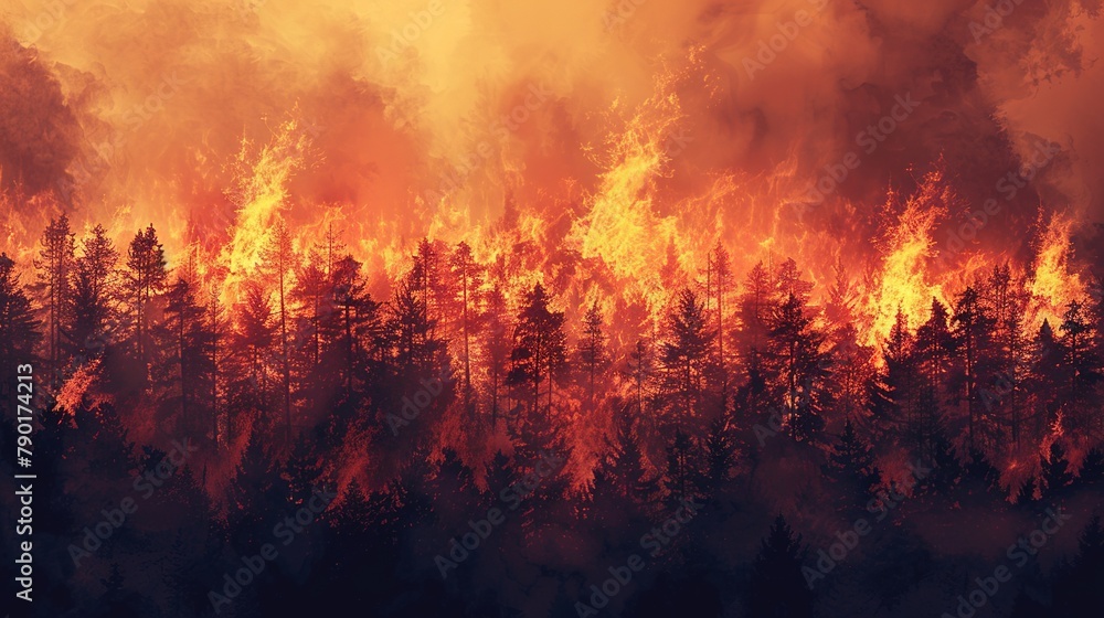 Forest fire, wildfire landscape natural disaster background banner panorama - Burning flames with smoke development and black silhouette of forest trees