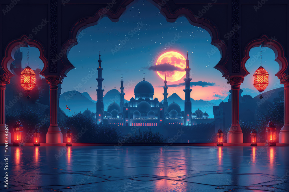  An enchanting mosque bathed in the glow of an orange moon, casting its radiance upon the tranquil ground. Created with Ai