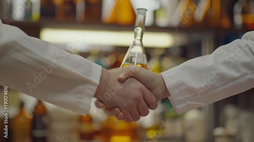 Handshake between medical researchers, acknowledging the value of interdisciplinary collaboration.