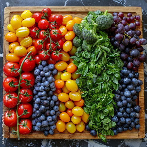 Colorful fruits and vegetables in a wooden box. Top view.