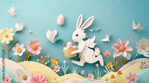 illustration of a playful bunny hopping through a field of layered papercut flowers  carrying a basket filled with eggs  crafted from white and brown paper with pops of color for the eggs and flowers.