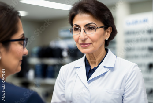 Mature Middle Eastern female optometrist, with a confident expression, discussing eyeglasses options, blurred clinic. AI generated.